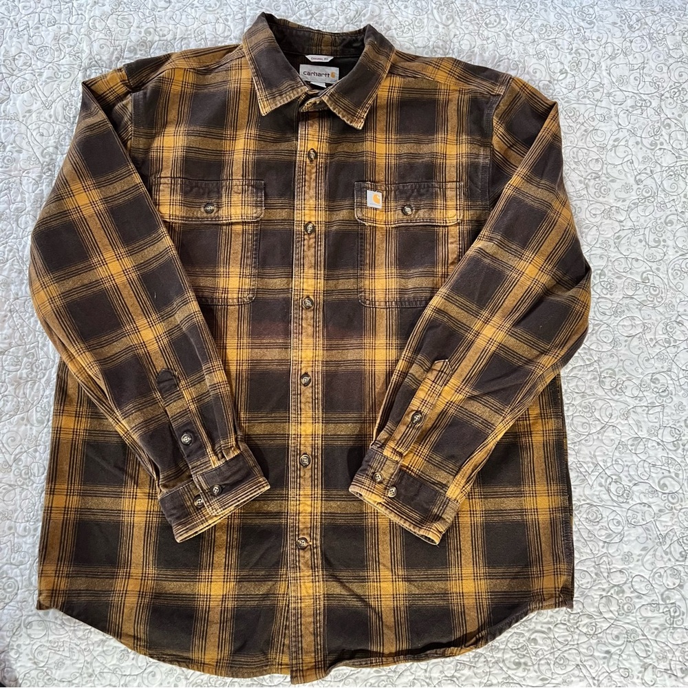 Carhartt Brown & Gold Heavyweight Cotton Flannel Shirt Shacket Outdoorsy Size L